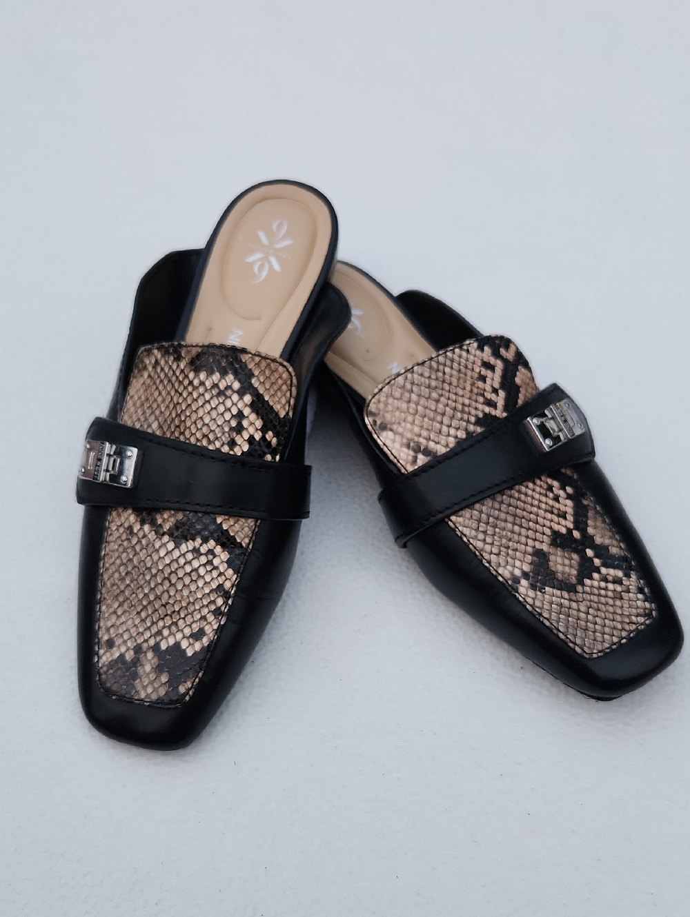 ​Nine West Neat 9x9 Snakeskin Print Loafer Mules Black Block Heel Women's 7M